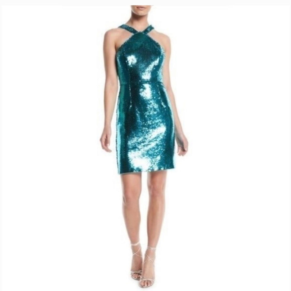 AIDAN MATTOX Teal Sequin Halter Cocktail Dress - brand new with tags- size 6